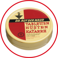 Packung der ersten Tabletten von Dr. med. Aufdermaur gegen Husten und Katarrh.